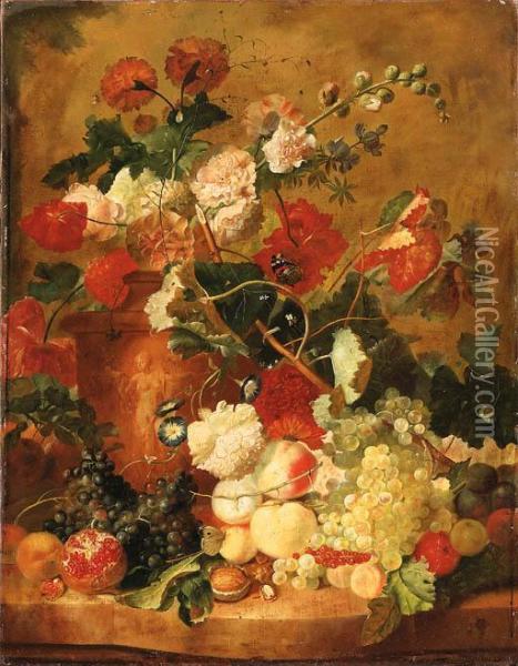 Roses, Carnations And Other 
Flowers In A Sculpted Terracotta Vasewith A Pomegranate, Peaches, Plums,
 Grapes, A Walnut, Hazelnuts Andcurrants On A Marble Ledge Oil Painting - Jan Van Huysum