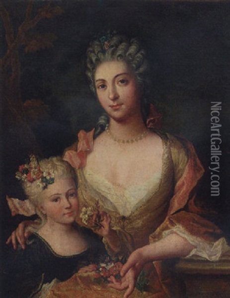 Portrait Of A Lady In A Yellow Dress With Flowers In Her Lap, With Her Daughter Oil Painting - Gilles Allou