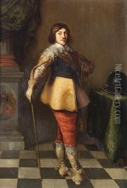 Portrait Of An Officer, Standing Small-full-length, In A Buff Coat, Striped Breeches And A Lace Collar, Holding A Cane, Before A Draped Column And A Table Oil Painting - Harmen Willemsz. Wieringa