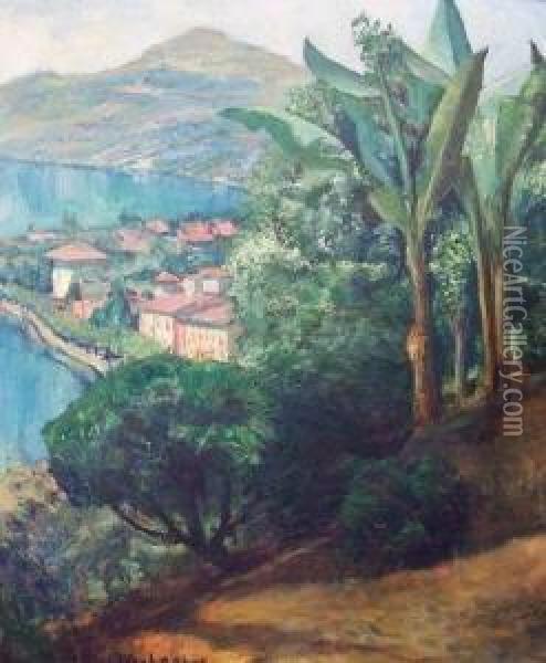 Italienische Seenlandschaft Mit Palmen Oil Painting - August Achtenhagen