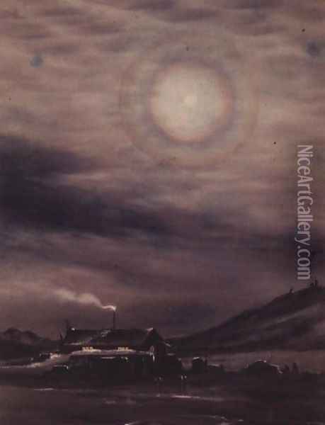 Lunar Corona, Cape Evans, McMurdo Sound at Cape Evans Oil Painting - Edward Adrian Wilson