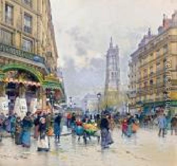 Vue De La Rue De Rivoli Avec La Tour St Jacques Paris Oil Painting - Eugene Galien-Laloue