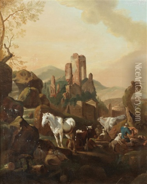 Horses And Cattle Before An Italianate Landscape, With Mountains On The Horizon Oil Painting - Johann Heinrich Roos