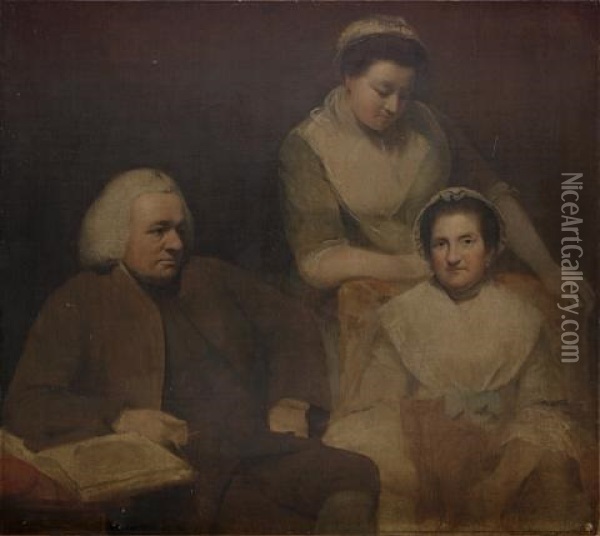 Portrait Of Dr. Samuel Johnson And His Wife, Elizabeth, Seated, With A Maidservant Standing Behind Oil Painting - Hugh Barron