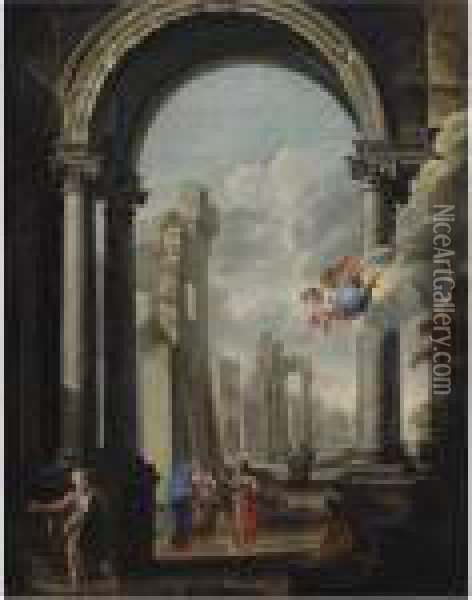 Architectural Capriccio With The Holy Family Oil Painting - Viviano Codazzi