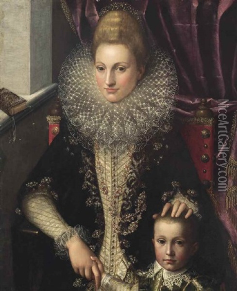 Portrait Of A Lady, Half-length, In An Embroidered Dress With A Lace Ruff And Bejewelled Headpiece, With Her Son, In An Interior Oil Painting - Gervasio Gatti