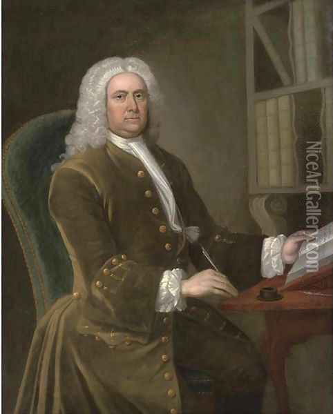 Portrait of a gentleman, seated three-quarter-length, in a green coat, holding a quill in his right hand, a book in his left Oil Painting - Thomas Hudson