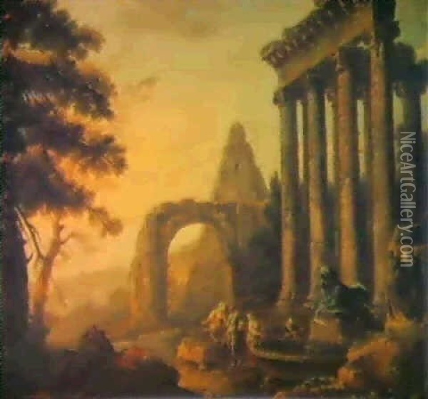A Capriccio With The Temple Of Concordia, The Arch Of Titus And The Pyramid Of Caius Cestius Oil Painting - Hubert Robert