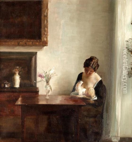 Interior With Woman And Child Oil Painting - Carl Vilhelm Holsoe