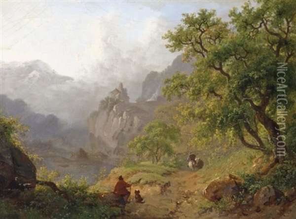 Travellers Resting On A Path In A Mountainous Landscape Oil Painting - Frederik Marinus Kruseman