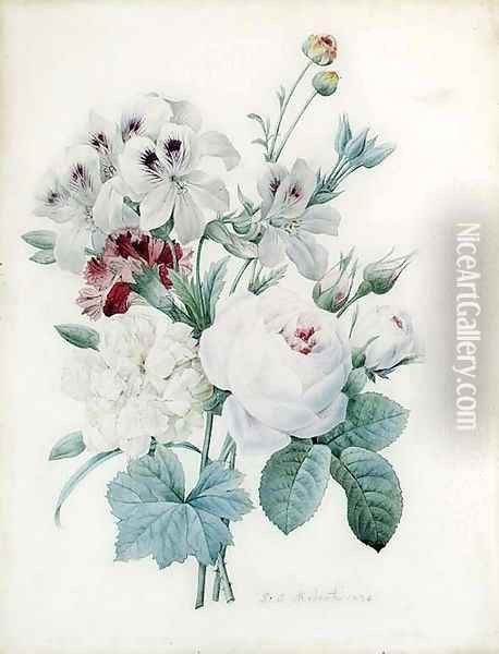 White Roses, a white Peony, a Carnation and Pelagonium Oil Painting - Pierre-Joseph Redoute