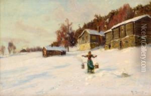 Kvinne Ved Gard I Vinterlandskap Oil Painting - Fredrik Borgen