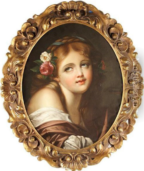 A Portrait Of A Young Girl, Shoulder-length;also Another Portrait By The Same Hand Oil Painting - J.M Bertrand