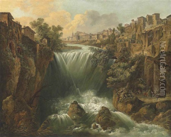 A View Of The Great Cascade At Tivoli, With Labourers In The Foreground And A Shepherd Tending To His Flock Beyond Oil Painting - William Marlow