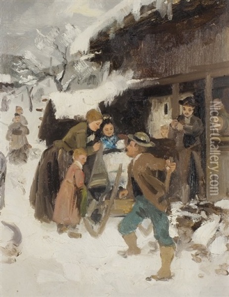 Auf Dem Weg Zur Taufe Im Winter Oil Painting - Hans Bachmann