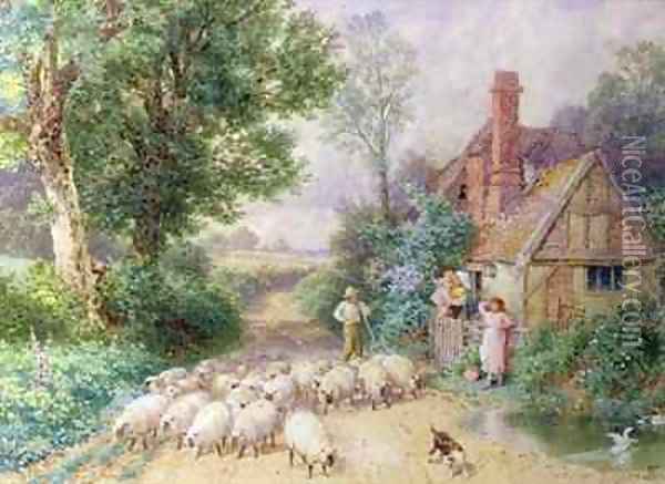 Shepherd and his flock passing a country cottage Oil Painting - Myles Birket Foster