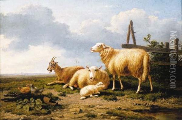 Sheep, A Goat And Chickens In A Landscape Oil Painting - Eugene Joseph Verboeckhoven