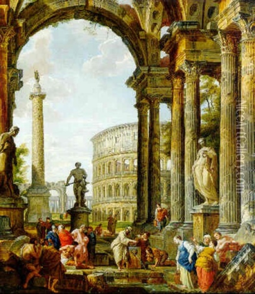 Architectural Capriccio With The Philosopher Diogenes And Other Figures By A Fountain Oil Painting - Giovanni Paolo Panini