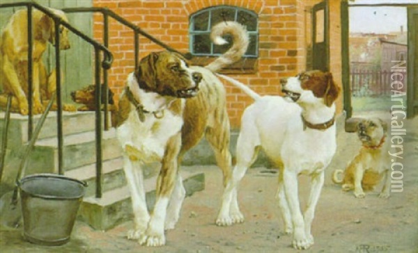 Drei Hunde Im Hof Oil Painting - Karl Frederik Christian Hansen-Reistrup