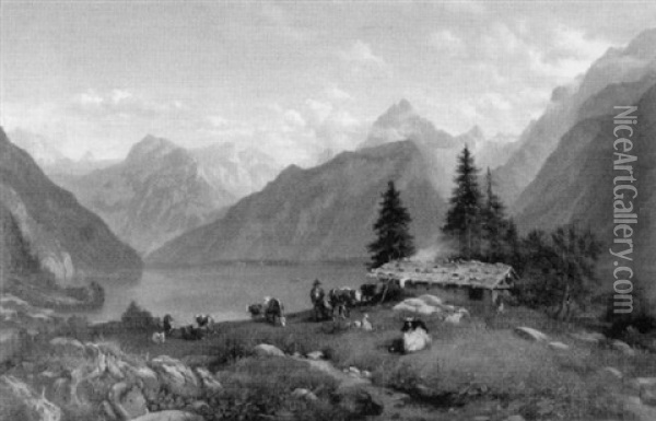 Schafer An Einem Gebirgsee In Den Alpen Oil Painting - Anton Castell