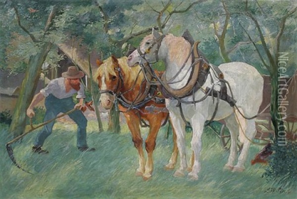 Sensender Bauer Mit Einem Pferdegespann Unter Baumen Oil Painting - Ludwig Wilhelm Plock