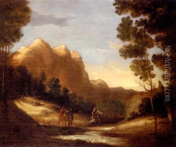 A Landscape With Travellers And Peasants Along A Path Oil Painting - Jacob Sibrandi Mancadan