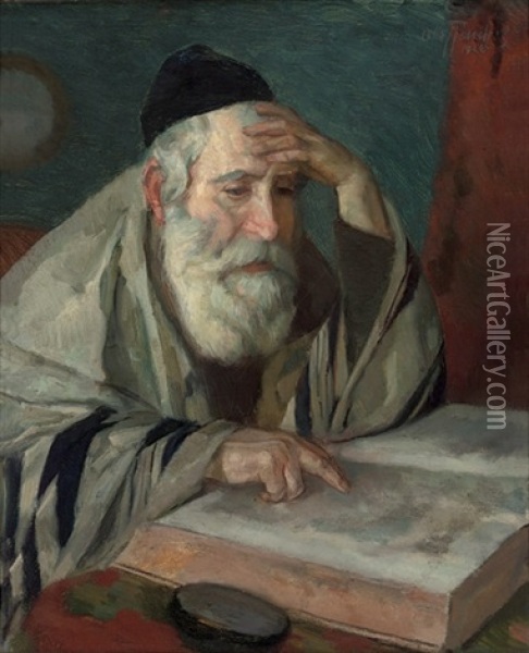 A Rabbi Studying The Talmud Oil Painting - Otto Herschel