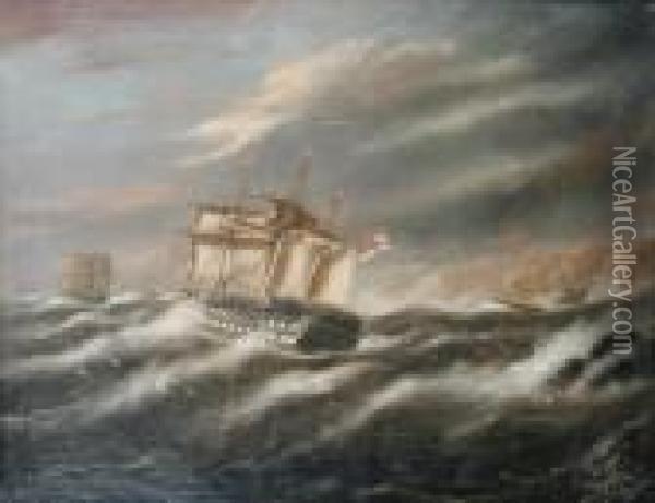 Frigates Off A Coast In Heavy Weather Oil Painting - Thomas Buttersworth