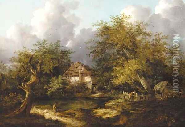 Figures on the bank of a river with a cottage beyond Oil Painting - Edward Charles Williams
