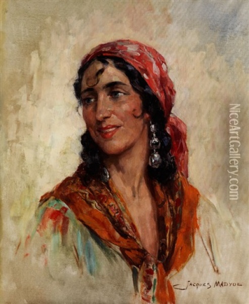 Portrait Einer Jungen, Schwarzhaarigen Frau In Zigeunertracht Oil Painting - Jacques Madyol