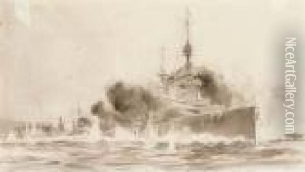Battleships In Action Oil Painting - William Lionel Wyllie