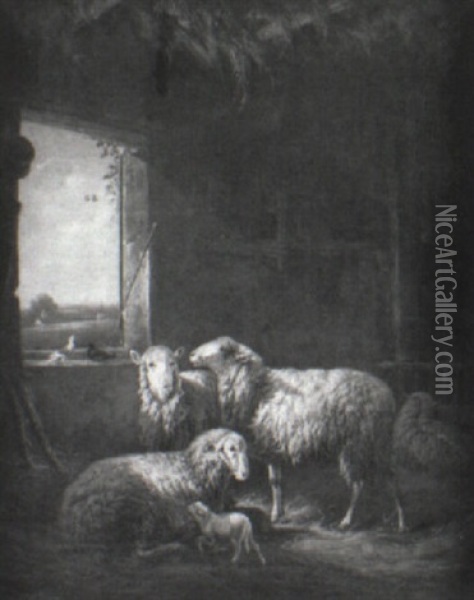 Sheep Resting In A Barn Oil Painting - Louis (Ludwig) Reinhardt