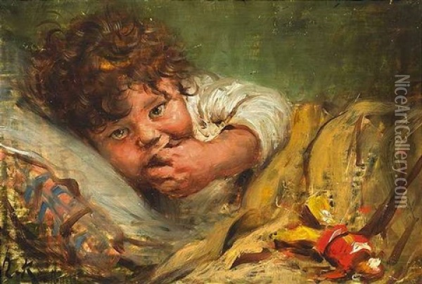 Bildnis Eines Kleinen Madchens, Das Sich Zum Schlafen Hingelegt Hat Oil Painting - Hermann Kaulbach
