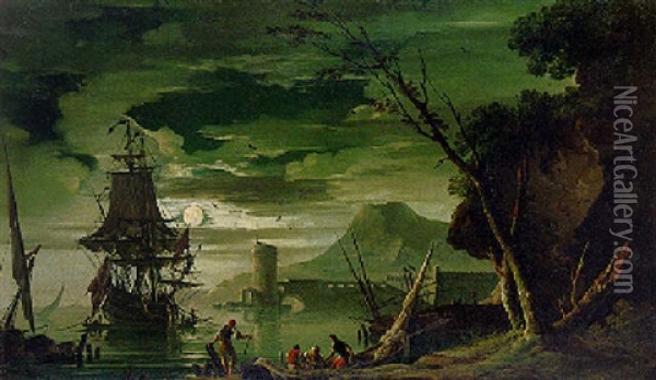 Port Scene With Fishermen In The Moonlight Oil Painting - Charles Francois Lacroix