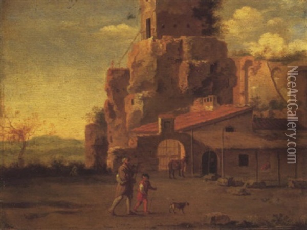 An Italianate Landscape With Travellers On A Path Leading To A Gate By A Fortress Oil Painting - Bartholomeus Breenbergh