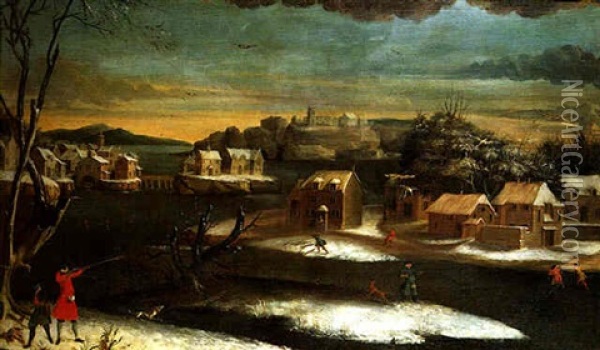 A Winter Landscape With A Gentleman Shooting Duck In The Foreground Oil Painting - Johann Christoph Von Bemmel