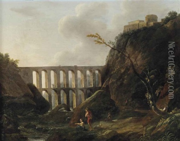 An Italianate Landscape With An Aqueduct And Figures By A Stream Oil Painting - Charles Francois Lacroix