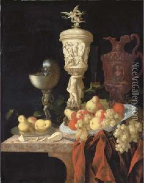 A Nautilus Cup, A Sculpted 
Marble Urn, A Sculpted Porphyry Jug Andother Vessels With Oranges Oil Painting - Johann Georg (also Hintz, Hainz, Heintz) Hinz