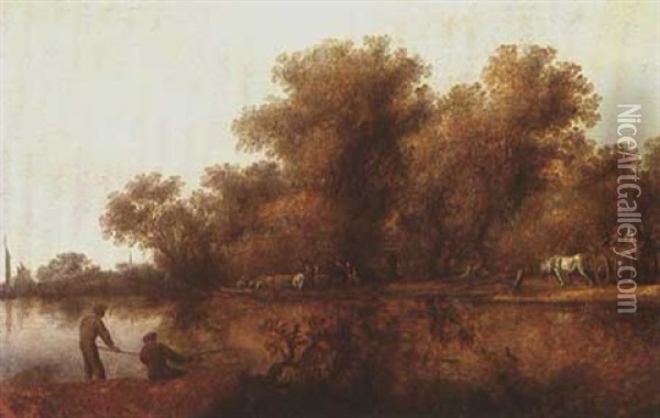 A River Landscape With Fishermen In The Foreground,         A Ferry, And A Waggon On The Far Bank Oil Painting - Salomon van Ruysdael