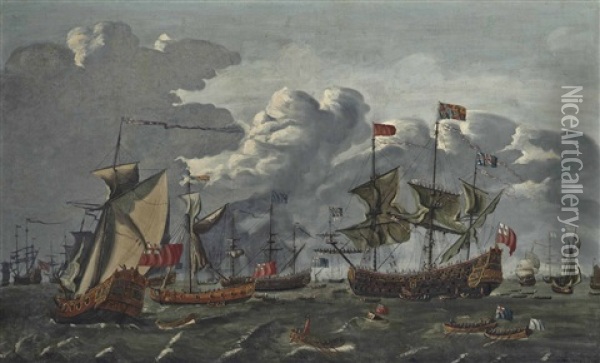 Charles Ii Transferring From The Royal Yacht Cleveland To The Royal Prince To Hold A Council-of-war On The Thames Estuary, 10th September Oil Painting - Jacob Knyff
