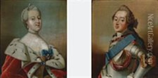 A Pair Of Portraits Of King Frederik V And Queen Louise Oil Painting - Carl Gustav Pilo