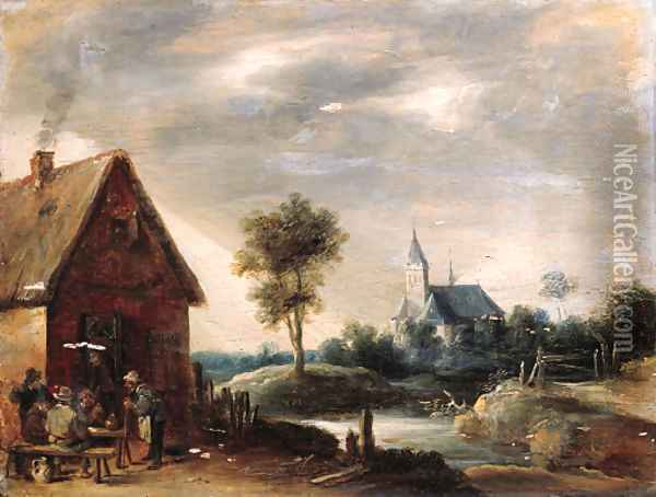 Boors playing at cards outside an inn, a church by a river beyond Oil Painting - Thomas Van Apshoven