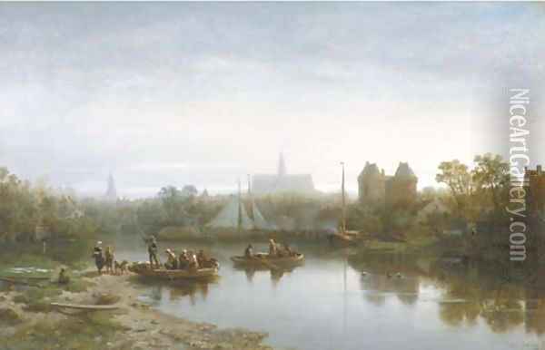 Crossing a canal at dusk on the outskirts of a town Oil Painting - Salomon Leonardus Verveer