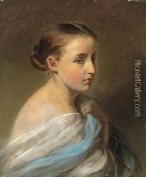 Portrait Of A Girl, Head And Shoulders, Draped In A Blue And White Wrap Oil Painting - Franz Xavier Winterhalter