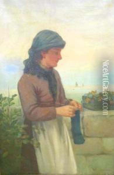 Portrait Of A Young Fisher Girl Knitting Oil Painting - David W. Haddon