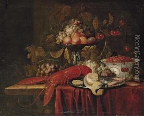 A Lobster, Grapes, Hazelnuts, A Cut Lemon And Shrimp On A Silver Plate, Grapes, Peaches, Plums, And Cherries On A 'tazza' And Strawberries In A Porcelain Bowl, On A Partially Draped Table Oil Painting - Pseudo Simons
