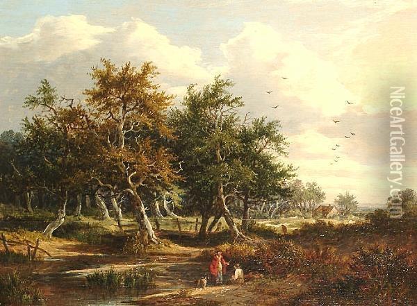 Figures By A Pool; Figures On A Lane. Oil Painting - Edward Charles Williams