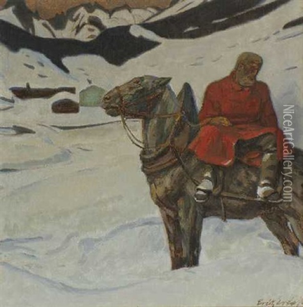 Reiter Im Schnee (+ Garten (sketch); Verso) Oil Painting - Erich Erler-Samedan