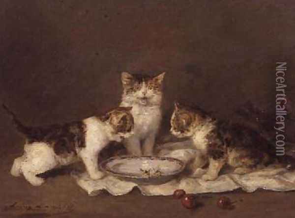 Three cats red cherries and bees Oil Painting - Louis Eugene Lambert