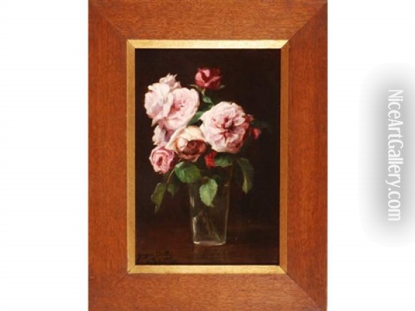 Bouquet De Roses Dans Un Verre Oil Painting - Eugene Auguste Francois Deully